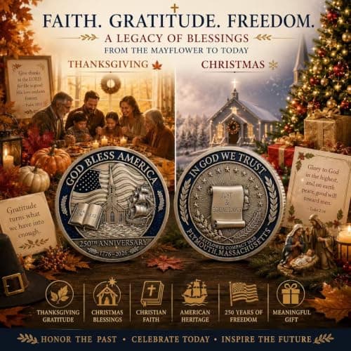3PCS USA 250th Anniversary Christian Commemorative Coin 1776-2026, God Bless America Faith Challenge Coin, Thanksgiving Christmas Religious Gifts, Mayflower Collectible Coin with Bible Verse - Thumbnail 2