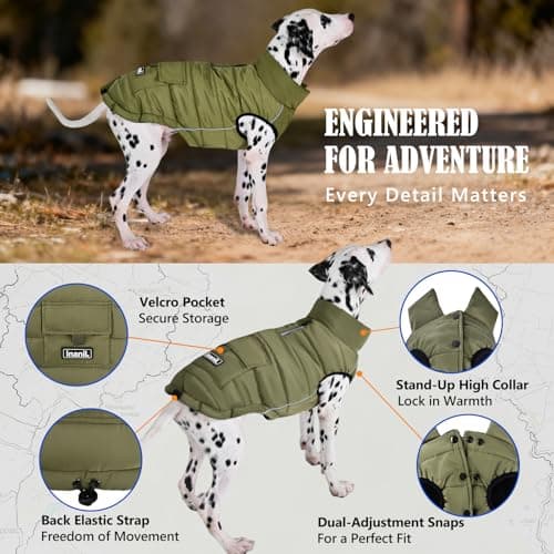 Dog Winter Puffer Jacket Waterproof, Reflective Furry Fleece Lined Dog Coats for Small Medium Dogs, Warm Snow Coat, Insulated Cold Weather Dogs Vest Jackets with Leash Hole, Olive - Thumbnail 3