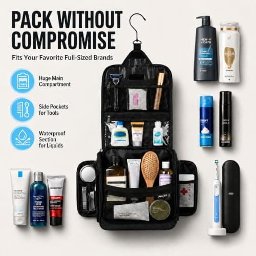 Travel Toiletry Bag for Men and Women - (10.6”x10.6”x3.2”) Large Hanging Toiletry Organizer - Waterproof Hygiene Bag with Metal XXL Swivel Hook, with Sturdy Zippers and 19 Compartments for Toiletries - Thumbnail 6