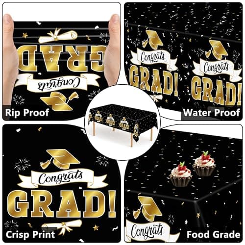 2Pack Graduation Decorations 2026, 108" X 54" Graduation Tablecloth, Blackgold Rectangle Class of 2026 Table Cloths, Disposable Plastic Congrats Grad Tablecover for Grad Party Favors Supplies - Thumbnail 3