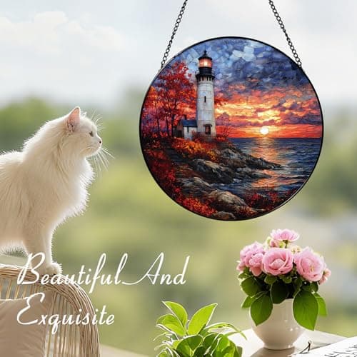 Zizzie Stained Glass Lighthouse Suncatcher, Twilight Ocean Sunset - Thumbnail 6