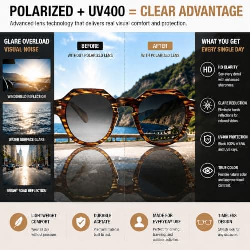 ROCKNIGHT HD Driving Polarized Sunglasses for Mens Retro Round Sunglasses Tortoise Acetate Frame Lightweight Fashion Grey Gradient Sunglasses - Thumbnail 3