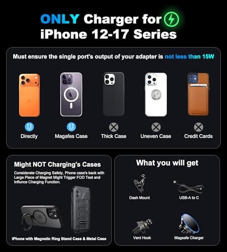 BHHB for iPhone 17 Magsafe Car Mount Charger, [2026 New] 15W 2in1 Magnetic Wireless Car Charger, fits for Magsafe Car Charger, Vent/Dashboard Phone Holder Mount for iPhone 17 16 15 14 13 12 Series - Thumbnail 2