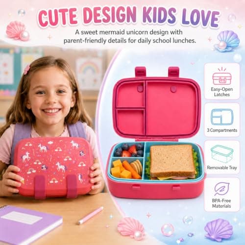 MISS BIG Microwave Safe Bento Box for Kids, Pink Mermaid Unicorn, 800ml - Thumbnail 3