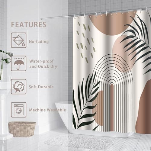 LYLYCTY Boho Shower Curtain Set, Cream Bohemian Mid Century Leaf Sun Modern Shower Curtains for Bathroom Decor Waterproof Fabric with 12 Hooks 72x72 Inches - Thumbnail 5