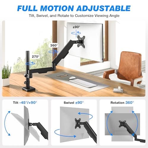 Single Monitor Arm Desk Mount, Adjustable Extra Long Monitor Stand for 17-34 Inch Screens, Hold up to 22 lbs, VESA 75/100mm Mount with Tilt, Swivel, Rotation - Thumbnail 3
