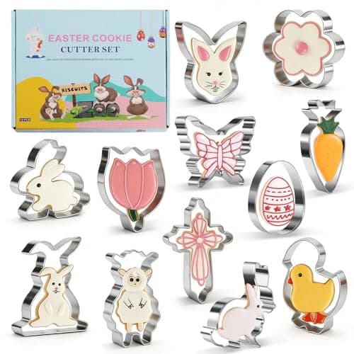 Easter Cookie Cutter Set, 12 Pieces Easter Bunny, Egg, Bunny Face, Lamb, Butterfly, Carrot, Chicken etc. Shapes, Metal Biscuit Molds for Spring/Holiday Baking - Image 1