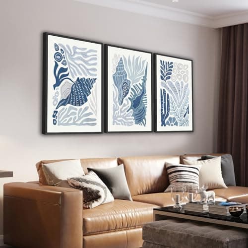 Large Framed Marine Life Wall Art Canvas Prints Set of 3, Minimalist Ocean Art, Blue White Coral Conch Shell Seaweed Beach Pictures Nautical Artwork for Living Room Bedroom Office Decor 24"x36"x3 - Image 1