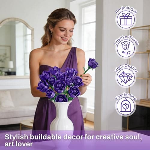 Purple Rose Bouquet Building Set, 12Pcs Botanical Collection for Adults - Thumbnail 2