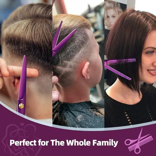 ETHTXE 9Pcs Professional Hair Scissors Set, Stainless Steel Barber Supplies – Includes Straight & Thinning Shears, Hair Thinning Knife – Multi-Use Haircut Tools for Home, Salon, and Barbers (Purple) - Thumbnail 6