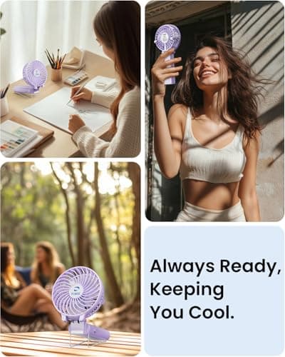 KIBEE Portable Handheld Fan - 5200mAh USB Rechargeable [20H Max Runtime], Foldable 180° Mini Personal Fan, 3-Speed with Stand for Travel/Outdoor/Makeup/Concerts (Purple) - Thumbnail 6