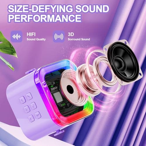 Kids Karaoke Machine Toy for Ages 3-12, Rechargeable Portable Bluetooth Speaker with 2 Wireless Mics, LED Lights Voice Changer, Christmas Birthday Gift for Boys Girls Grandkids (Purple -2) - Thumbnail 3