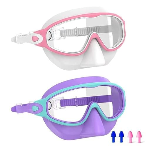 YLKJSWIM Swim Goggles for Kids 3-15 with Earplugs Large Frame Anti-Fog/UV With nose pads Swimming Goggles for Boys Girls Toddler 2PCS (Blue Purple & White Pink)