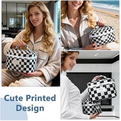 Gosect Large Makeup Bag, Cute Cosmetic Bag for Women Girls, Floral Coquette Aesthetic Toiletry Bag, Travel Make Up Organizer Bag (Black Checkered) - Thumbnail 5