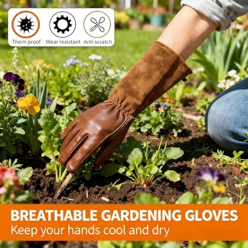 iuhkjnuh Leather Gardening Gloves for Women Men, Long Rose Pruning Gloves Thorn Proof Cowhide Gauntlet Cactus Garden Gloves for Yard - Thumbnail 2