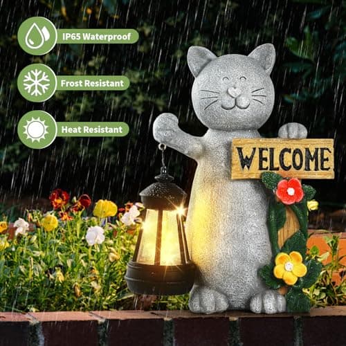 Json Garden Statue Solar Cat Figurine with Lantern, Solar Garden Decorations Statues for Patio, Balcony, Yard Ornament, Unique House Warming Gifts Figurine Lights, Gifts for Women, Mom - Thumbnail 4