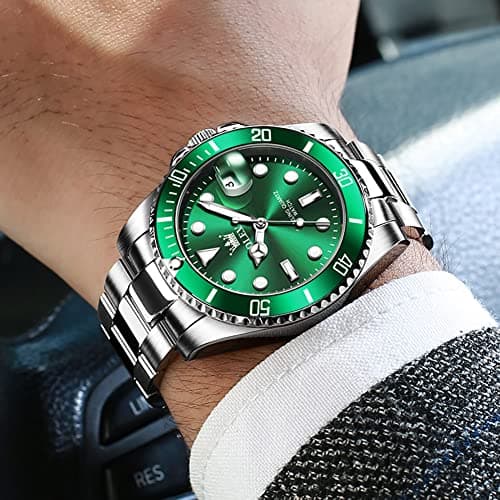 OLEVS Wrist Watch for Men with Day Easy to Read Luminous Dial Stainless Steel Waterproof Dress Classic Mens Silver Watches Serrated Bezel Green Dial para Mujer - Thumbnail 5