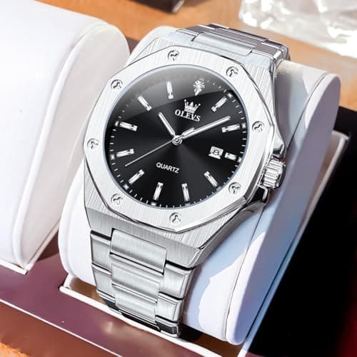 OLEVS Black and Silver Watches for Men Luxury Stainless Steel Dress Mens Silver Watch with Black Face Minimalist Casual Large Dial Man Wrist Watches with Date Reloj De Hombre - Thumbnail 2
