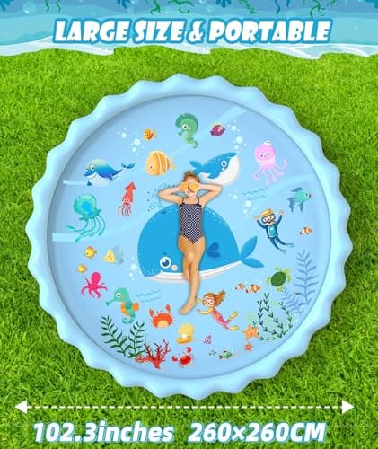 EPN Splash Pad for Kids, 102.3" Extra Large Sprinkler Play Mat, Thick PVC Water Splash Pad for Toddlers & Kids Ages 4-8, Outdoor Backyard Summer Water Toy for Lawn and Beach Play - Thumbnail 2