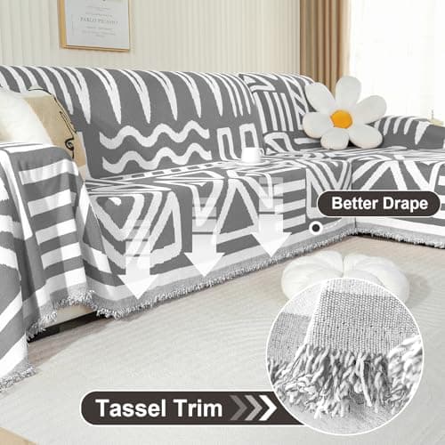 OstepDecor Boho Sectional Couch Covers 2 Pieces, L Shaped Sofa Cover, Chenille Couch Cover for Dogs Washable, Couch Cover Blanket, Sofa Slipcover for 2-3 Cushion Couch (71"x110"+71"x118", Dark Grey) - Thumbnail 3
