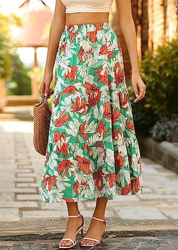 KIRUNDO Maxi Skirts for Women 2026 Summer Boho Floral High Waist Casual Flowy Long Skirt Beach Vacation Cruise Resort Wear(Floral Green Orange, Medium) - Thumbnail 2