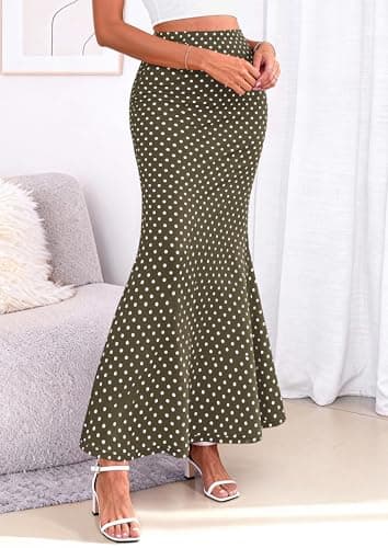 PRETTYGARDEN Women's Maxi Skirt 2026 Summer Flowy Polka Dot Floral High Waisted Mermaid Office Work Spring Long Slip Skirts (Dot Army Green White,X-Small) - Thumbnail 3