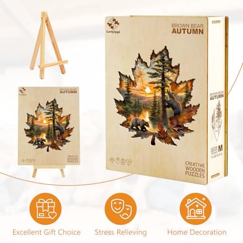 Wooden Puzzles for Adults, Brown Bear Autumn Maple Leaf Wooden Jigsaw Puzzle, Unique Animal Shaped Wood Puzzles Adult, Creative Gifts for Friends/Family/Puzzle Lovers, Home Decor(S-8.5 * 7.9in 90pcs) - Thumbnail 6