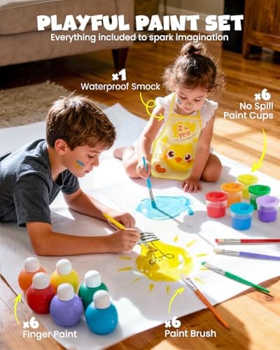 JUPITEARTH 6 Colors (4.06oz) Washable Tempera Paint Set, Finger Paint Kit for Kids and Toddlers, Safe and Non Toxic, Included Brush, Cups, Art Apron - Thumbnail 2