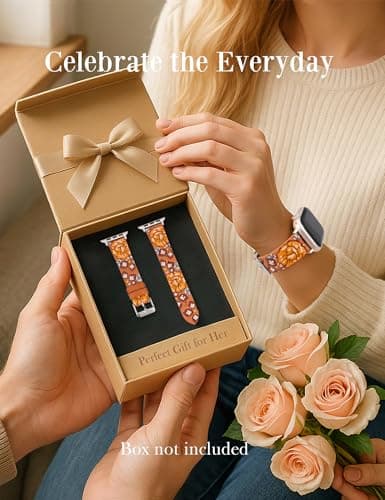 Moolia Floral Leather Band Compatible with Apple Watch Band 49/46/45/44/42mm Women, Cute Romantic Vintage Rose Pattern Strap for iWatch Series 11 10 9 8 7 6 5 4 3 2 1 SE/Ultra(1/2/3), Light Brown - Thumbnail 2