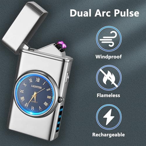 RSBYE Electric Lighter USB Rechargeable Lighters Flameless Electric Lighter Windproof Dual Arc Lighter with LED Battery Indication for Candles, Outdoor Camping, Fireworks (Silver, 220mAh), HF2212 13 - Thumbnail 5