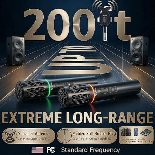 AFUOO Rechargeable Wireless Microphones & Bluetooth Dual-Mics Receiver for Karaoke, Singing, Speech, DJ, 24H Battery, 200ft, RGB Light, Wireless Microphone Set for Mic/Aux/USB Port (Dual Mic, Black) - Thumbnail 6