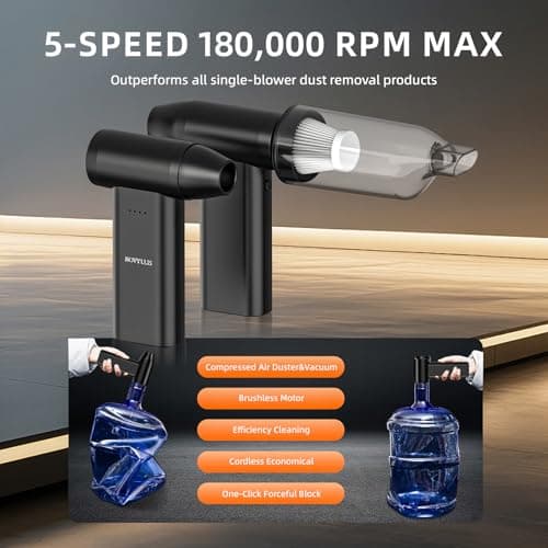 Novyllis Electric Compressed Air Duster Mini Blower Cordless with Computer Vacuum Cleaner kit Lighting 180,000 RPM 5 Speed Handheld 3 in 1 USB-C for pc Keyboards Home Car BBQ Grill - Thumbnail 3
