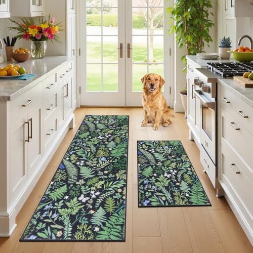 Ileading Kitchen Mat Sets 2 Piece,Plant Leaf Rugs for Kitchen Floor,Stain Resistant Standing Mats with Non Slip Rubber Backing,Waterproof Runner Rugs for Laundry,Doormat,Front of Sink(Black Ferns) - Image 1