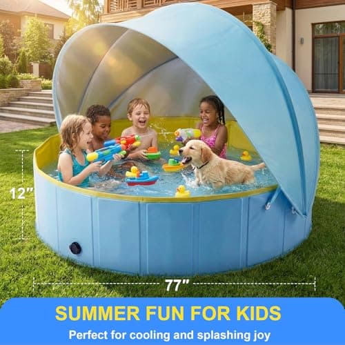 Kiddie Pool with Canopy, Foldable Kids Pools for 3 4 5 6 7 8 Year Old Kids Pools Ages 4 5 6 7 8 Pool with Shade Beach Essentials Tent Swimming Wading Pools Outdoor Backyard Beach - 77” - Thumbnail 6