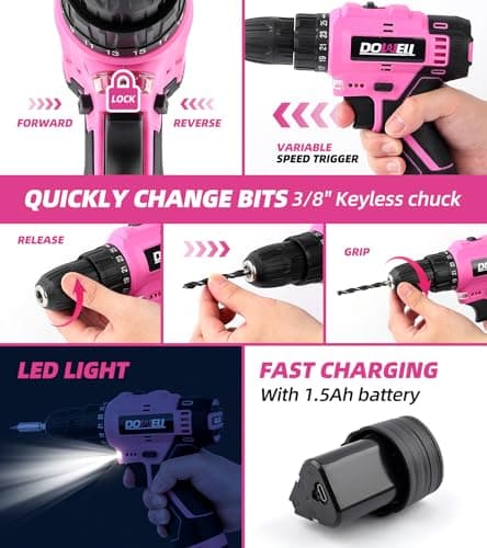 DOWELL 147 Pcs Pink Tool Kit with 12V Cordless Drill with 3/8" Keyless Chuck for Women, Home, Men, Built-in LED, Type-C Charge Cable - Thumbnail 4