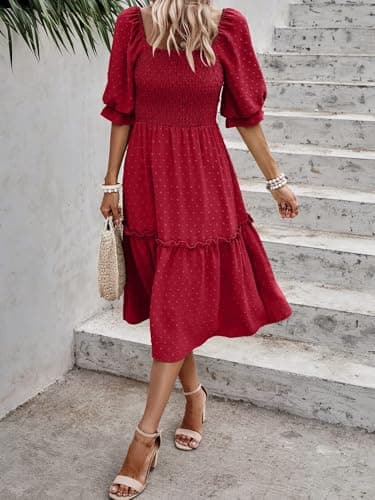 PRETTYGARDEN Women's Summer Casual Midi Dresses 2026 Spring Puff Sleeve Square Neck A Line Flowy Boho Smocked Beah Vacation Dress (Red,2XL) - Thumbnail 5