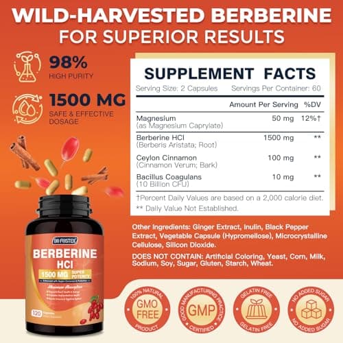 DRFOSTER Berberine HCL 1500mg, Berberine Supplement with Ceylon Cinnamon, Magnesium & Probiotics - Supports Gut Health & Immune System, Non-GMO, 120 Capsules - Thumbnail 2