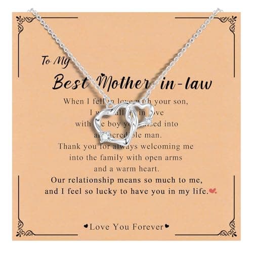 Juvux Double Heart Necklace for Women – 14K White Gold Plated Zircon Pendant, Dainty Two Heart Necklace, for Mom, Valentine's Gift for Wife, Jewelry Necklace（Mother in Law Card） - Image 1
