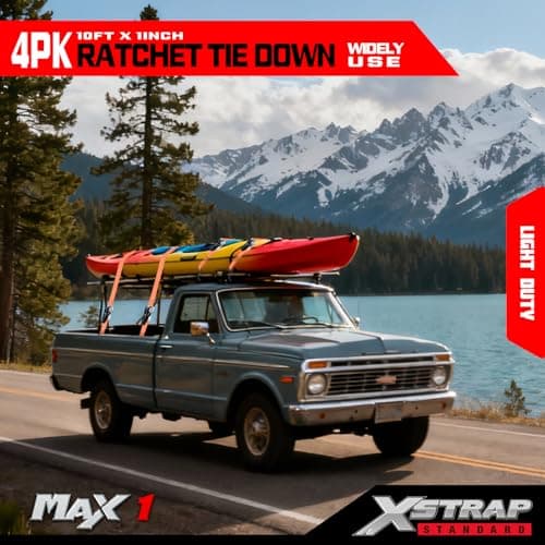 XSTRAP STANDARD Ratchet Tie Down Straps 4 Pk 10 Ft- 300 Lbs Load Cap- 900 Lbs Break Strength-Cargo Straps for UTV, ATV, Pickup,Truck, Moving Appliances, Lawn Equipment, Orange - Thumbnail 2