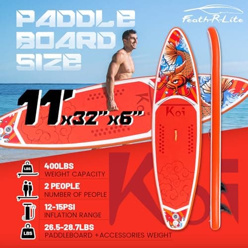 FEATH-R-LITE Inflatable Paddle Board Stand Up Paddleboards for Adults SUP with Premium Accessories Pump, Adjustable Paddle, Leash, Three Fins, Backpack (Red Koi) - Thumbnail 2