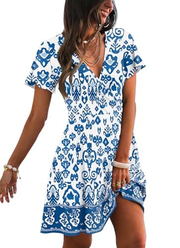 Beach Vacation Clothes Floral Sundress Wrap V Neck Flowy Summer Dresses 2026 Midi Dress Hide Tummy Floral Blue 02 2XL - Image 1