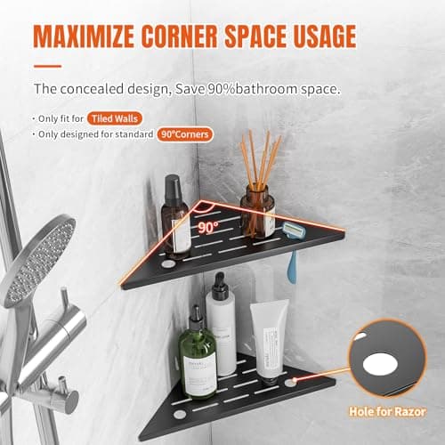 HBXS Corner Shower Shelves with Razor Hole, Modern Sturdy Shower Shelves Corner, 10" 304 Stainless Steel Shower Organizers Corner Shelf for Tile Wall, No Drilling Grout Mount Bathroom Shelf - Thumbnail 6