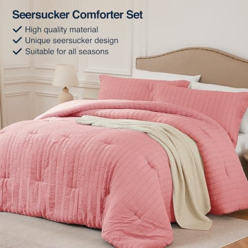 Quataly Queen Comforter Set Peach Pink,3PCS Seersucker Lightweight Bedding Comforter for All Season, Queen Size(90''×90'' Comforter & 2 Pillowcases) - Thumbnail 4