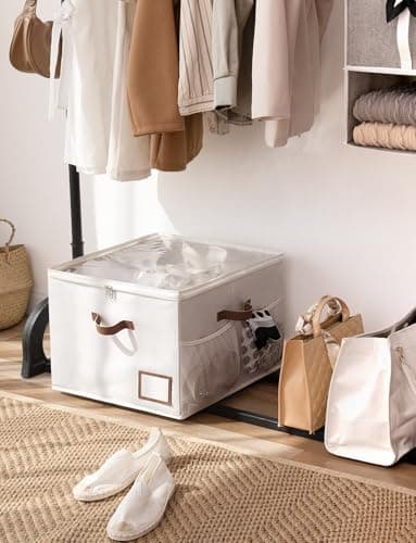 StorageWorks Shoe Organizer for Closet, Shoe Storage Bins with Clear Lid, Fabric Shoe Boxes with Side Mesh Pockets, Shoe Organizer Bin for Slippers and Flats, Holds Up to 16 Pairs, Beige - Thumbnail 5