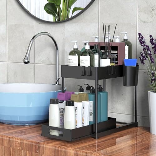 2 Pack Under Sink Organizer with Pull-Out Drawer, 2-Tier Cabinet Storage for Kitchen & Bathroom, Tool-Free Assembly, Fits Cleaning Supplies & Toiletries, Space Saving for Small Cabinets, Black - Thumbnail 5