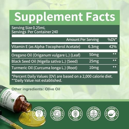 Oil of Oregano Drops with Black Seed Oil, Turmeric Oil, Vitamin E & Olive Oil Based, Immune Digestive Cleanse & Detox*, 80% Carvacrol Cold-Pressed Natural Aceite de Oregano, 2 Fl Oz, 8 Month Supply - Thumbnail 4