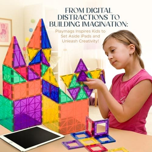 Playmags 150-Piece Magnetic Tiles Building Set – 3D Magnet Building Blocks Creative Imagination, Inspirational, Educational STEM Toys for Kids with 1 Car - Thumbnail 5
