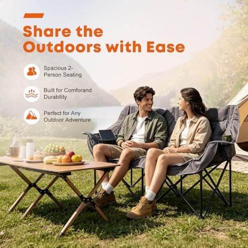 Trakiom Double Camping Chair Oversized Padded Outdoor Loveseat Chairs for Adults, Heavy Duty Folding Camping Couch with Cup Holders & Phone Pocket, 2 Person Portable Chair for Beach Lawn Patio - Thumbnail 4