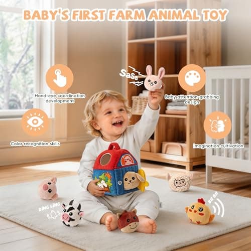 SAIMAND Baby Toys 6-12 Months, Barn with Stuffed Farm Animals, Montessori Toy for Babies, Sensory Toys for Toddlers 1-3, Portable Baby Farmhouse Toy, Birthday Gift for Infants & Toddlers - Thumbnail 3