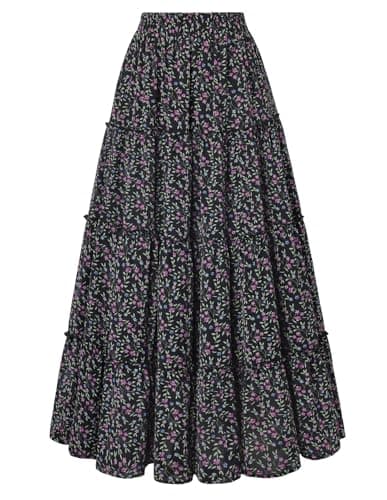 Scarlet Darkness Floral Maxi Long Skirts for Women Summer 2026 Tiered Skirt Flowy Boho Fairy Skirt with Pockets Black Purple Floral L - Image 1